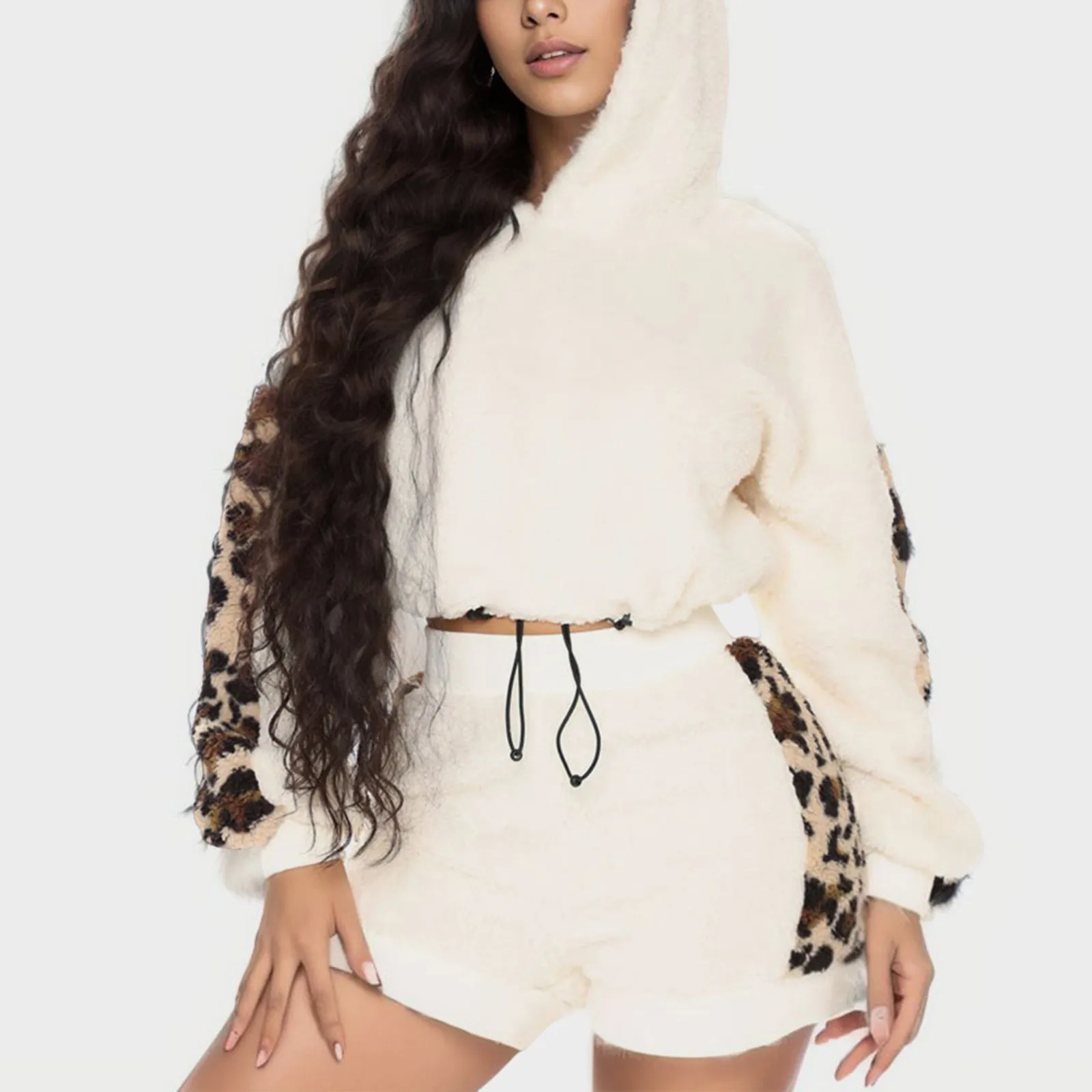 Women Loose Faux Fur Hoodie Sweatshirt Long Sleeve Patchwork Leopard Pattern Double Pullover Drawstring Winter Coat Shorts Set
Women Loose Faux Fur Hoodie Sweatshirt Long Sleeve Patchwork Leopard Pattern Double Pullover Drawstring Winter Coat Shorts Set