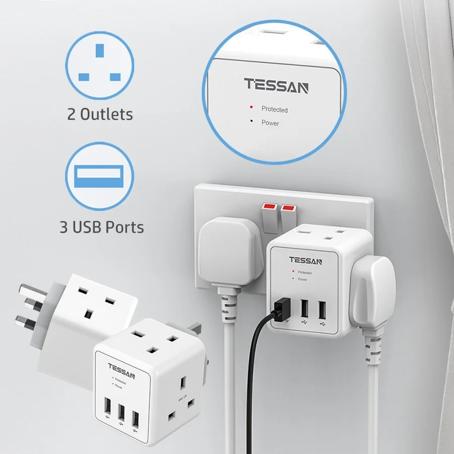 TESSAN Electric Extension Adapter UK Plug Surge Protector White Cube Socket with 2 AC Outlets 3 USB Ports Wall Charger for Home
TESSAN Electric Extension Adapter UK Plug Surge Protector White Cube Socket with 2 AC Outlets 3 USB Ports Wall Charger for Home
