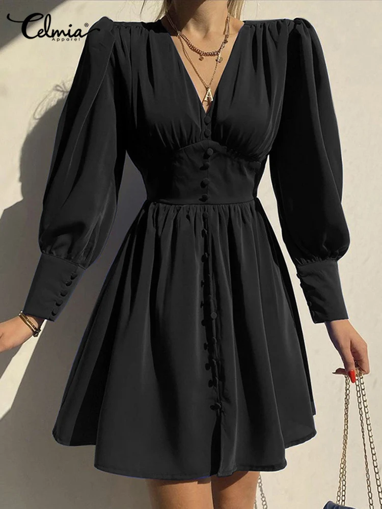 Sexy V Neck Cocktail Mini Vestidos Celmia Women Puff Long Sleeve Dress Casual Loose Pleated Short Robe Party Belted Button Dress
Sexy V Neck Cocktail Mini Vestidos Celmia Women Puff Long Sleeve Dress Casual Loose Pleated Short Robe Party Belted Button Dress