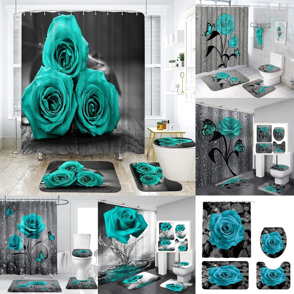 Teal Rose Shower Curtain Sets Pastoral Floral Water Droplets Flower Butterfly Bathroom Curtains Modern Rug Bath Mat Toilet Cover
Teal Rose Shower Curtain Sets Pastoral Floral Water Droplets Flower Butterfly Bathroom Curtains Modern Rug Bath Mat Toilet Cover
