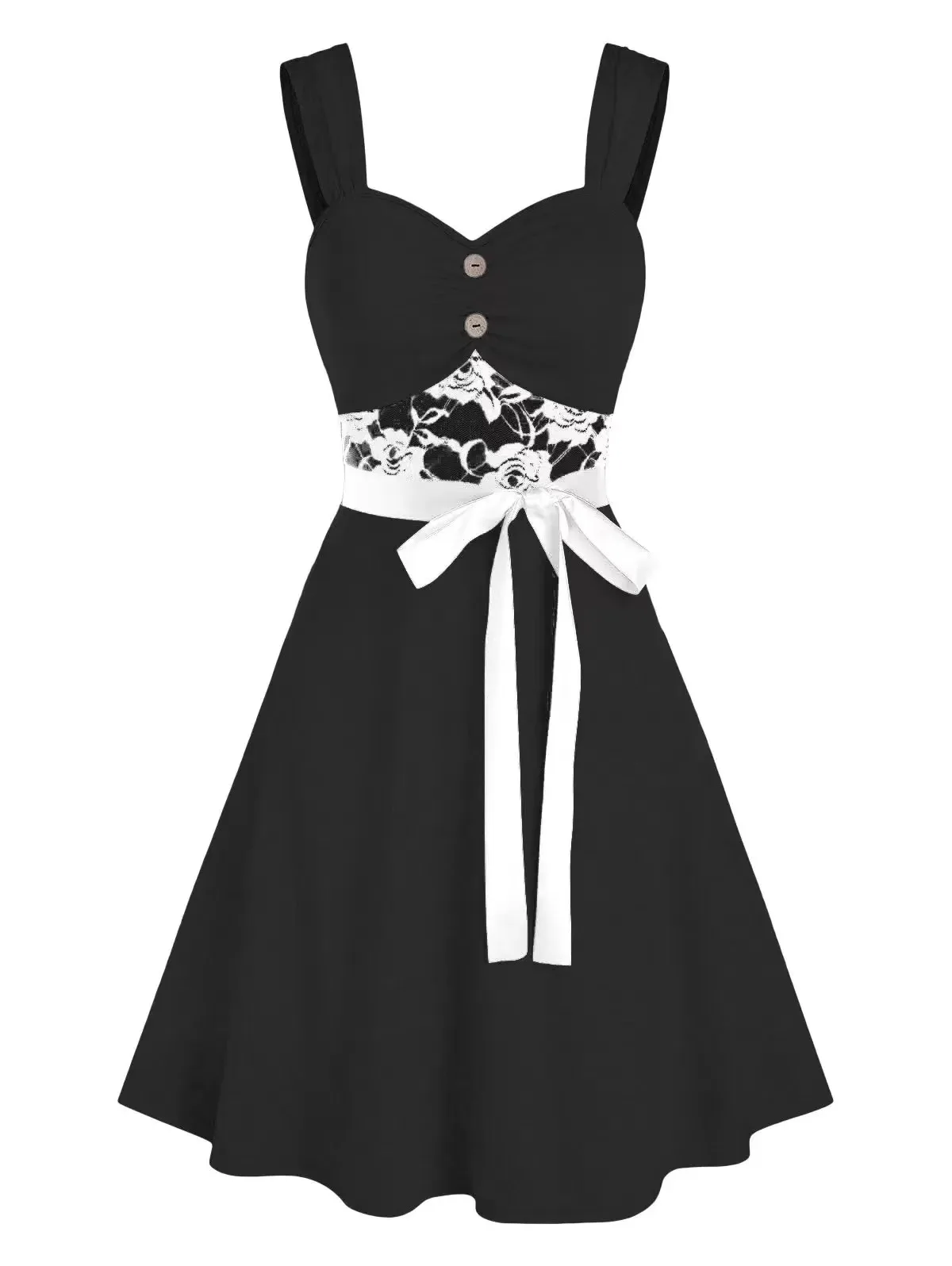 

Women Casual Dress Gothic Harajuku Vintage Lace Insert Button Ruched Belted Dress Sleeveless A-Line Sexy Party Dress Sundress
