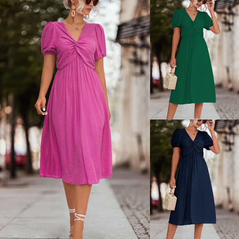 

2023 New Womens Summer Ruffle Short Sleeve V-Neck Hem Flowy Midi Dress Twist Knotted High Waist A-Line Swing Dress Party Dress
