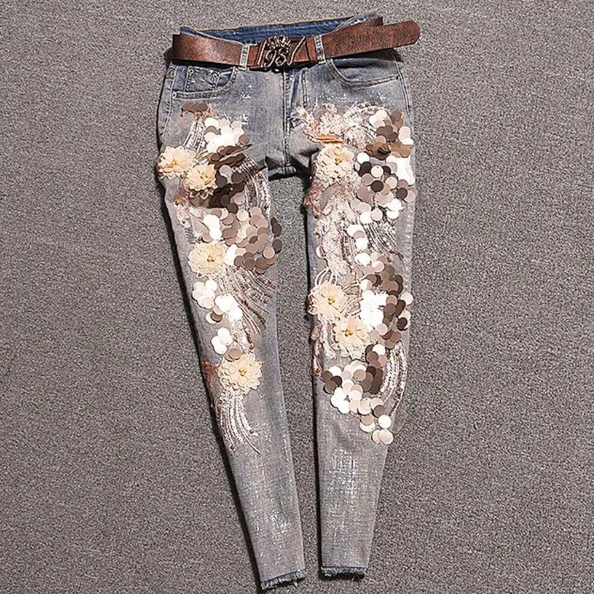 2022 Sequins Spring Summer Fashion 3D Sequins Florals Beading Jeans Women Denim Stretch Slim Skinny ankle length Pants
2022 Sequins Spring Summer Fashion 3D Sequins Florals Beading Jeans Women Denim Stretch Slim Skinny ankle length Pants