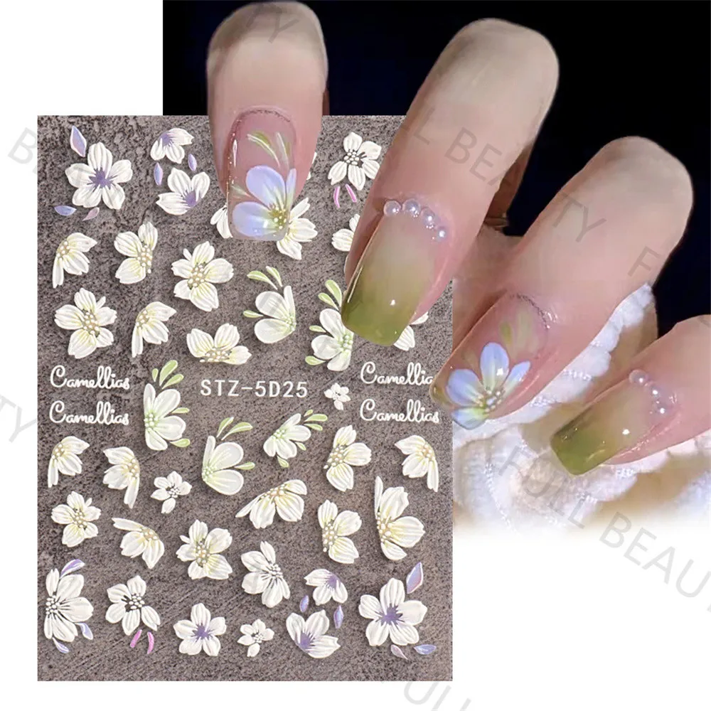 

3D Acrylic Engraved Nail Sticker Embossed Camellia Tulip Flower Water Decals Empaistic Nail Water Slide Decals