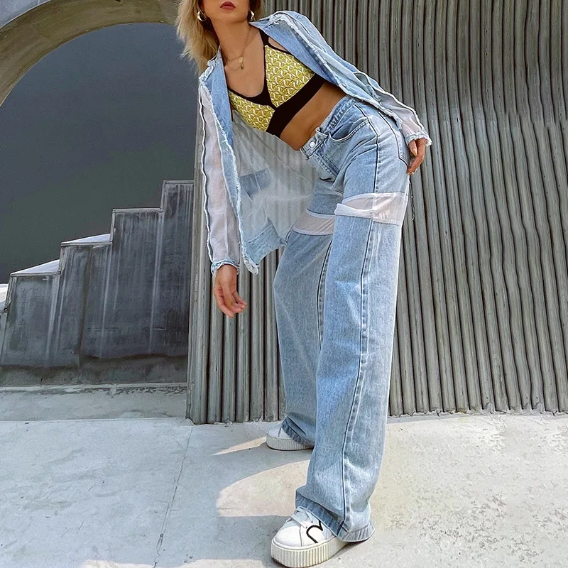 Sexy Street Women Gauze Stitching Straight Pants Fashion Blue High Waist Washed Denim Trousers Cowgirl Wild Loose Wide Leg Jeans
Sexy Street Women Gauze Stitching Straight Pants Fashion Blue High Waist Washed Denim Trousers Cowgirl Wild Loose Wide Leg Jeans