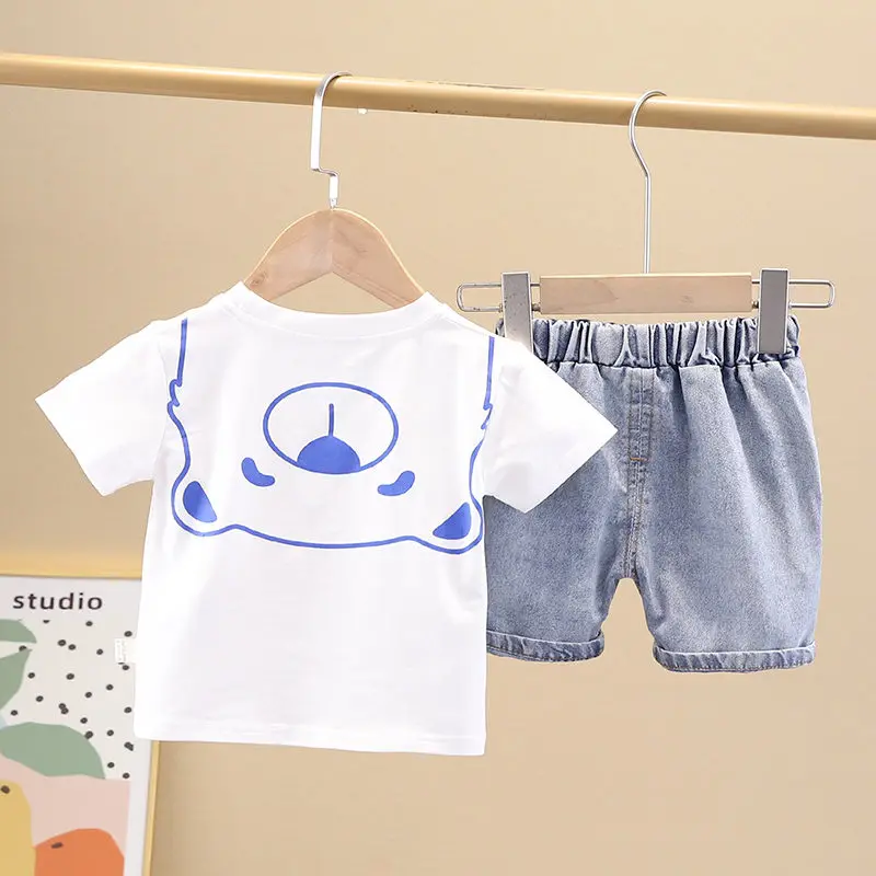 

New Cotton Summer Baby Children Shorts Denim Pants Suit T-shirt Todder Boy Girl Kids Strips Cartoon Cute Clothes Cheap Stuff