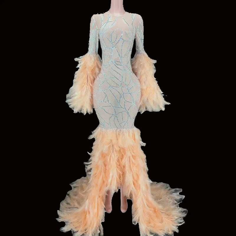 Sexy Sparkly Rhinestones Feather Long Tail Festival Dress Mesh Transparent Celebrate Evening Club Prom Gown Birthday Host Dress
Sexy Sparkly Rhinestones Feather Long Tail Festival Dress Mesh Transparent Celebrate Evening Club Prom Gown Birthday Host Dress
