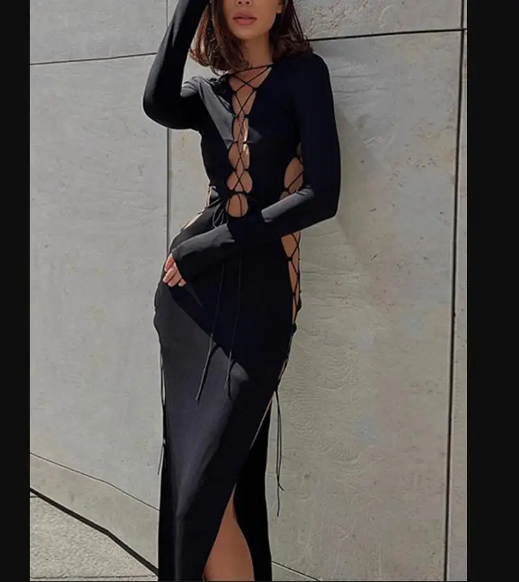 Elegant Long Dress Women Solid Color Long Sleeve Cross Tie-Up Cutout High Slit Dress Autumn Party Evening Vintage Dresses
Elegant Long Dress Women Solid Color Long Sleeve Cross Tie-Up Cutout High Slit Dress Autumn Party Evening Vintage Dresses