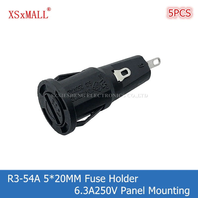 

5PCS R3-54A 5*20MM Fuse Holder 6.3A250V Panel Mounting Nylon(UL flame: 94V-2) High Temperature Resistance Fuse Boxes