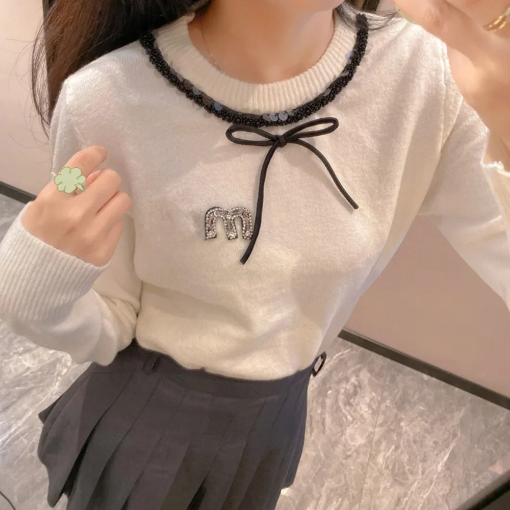 

Woman Clothing Fashion Women's 2023 Early Autumn New Bow Knot With Diamond Letter Jacquard Knitted Round Neck Slim Fit Pullover