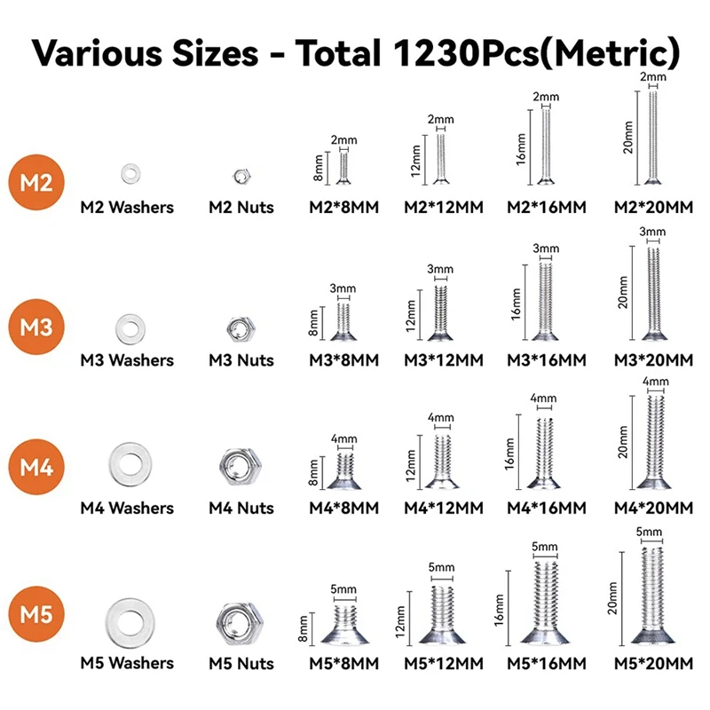 1230PCS M2 M3 M4 M5 304 Stainless Steel Machine Screw Bolt Assortment Set With Hex Socket Flat Head Cap Screws
1230PCS M2 M3 M4 M5 304 Stainless Steel Machine Screw Bolt Assortment Set With Hex Socket Flat Head Cap Screws