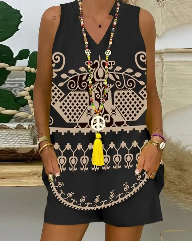 

Two Piece Sets Womens Outifits 2023 Summer Fashion Tribal Print Notch Neck Sleeveless Tank Top & Casual Pocket Design Shorts Set