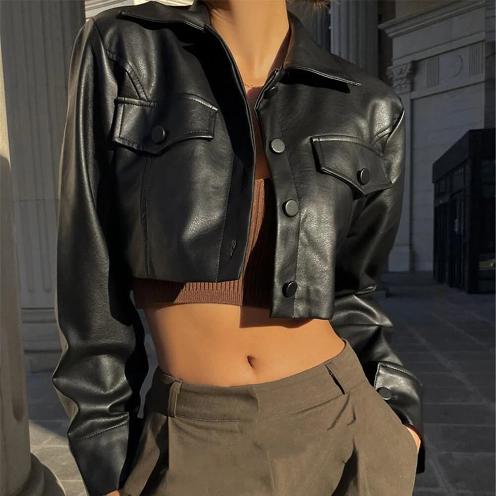 Women Slim Biker Long Sleeve Crop Top Jacket Faux PU Leather Cool Buttons Coat Crop Jacket Korean Women's Handsome Coat
Women Slim Biker Long Sleeve Crop Top Jacket Faux PU Leather Cool Buttons Coat Crop Jacket Korean Women's Handsome Coat