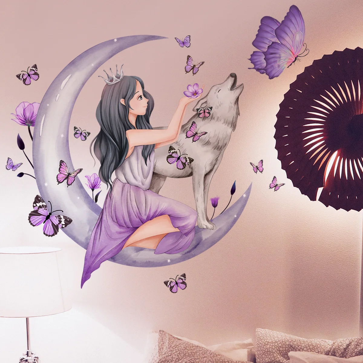 

Самоклеящаяся Съемная виниловая наклейка на стену с изображением девушки, серого Луны, волка, бабочки, домашний декор из ПВХ для гостиной, спальни, украшение