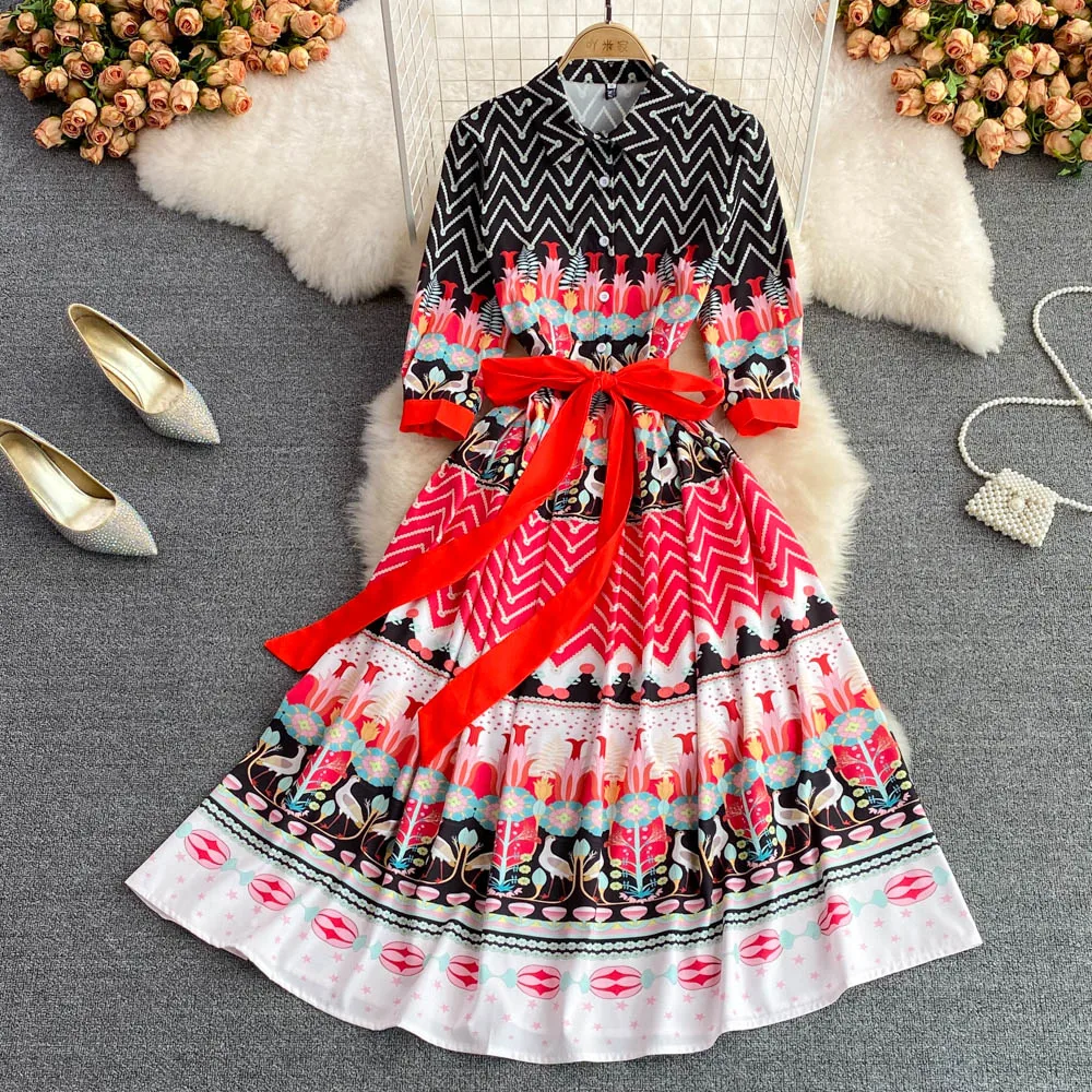 YIZZHOY Spring Autumn Women Fashion Sash Tie Up High Waist Slim Print Lapel Dress Female Casual Single Breasted A-Line Dresses
YIZZHOY Spring Autumn Women Fashion Sash Tie Up High Waist Slim Print Lapel Dress Female Casual Single Breasted A-Line Dresses