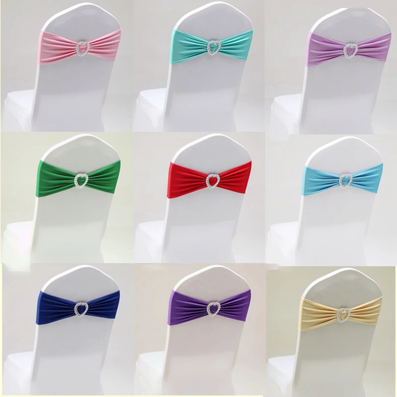 

Elastic Spandex Chair Bow Sashes Stretch Lycra Chair Sash Band With Heart Buckle For Event Banquet Hotel Wedding Decoration