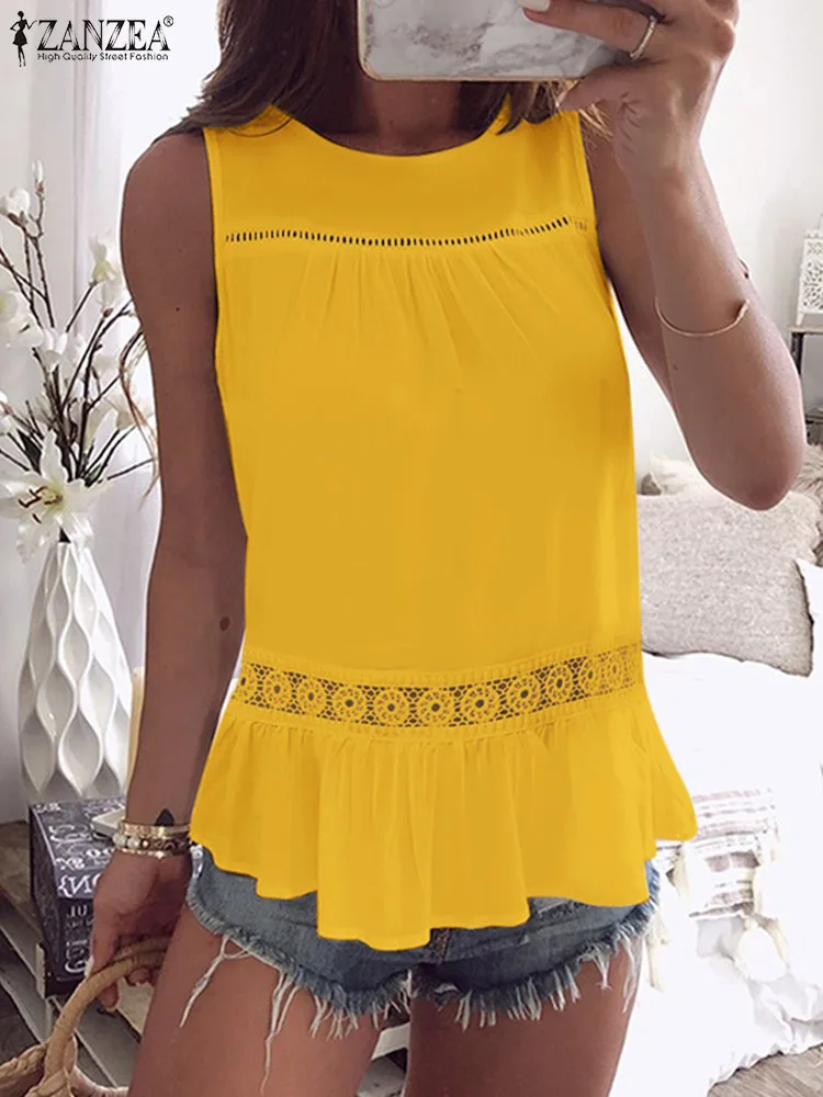 

ZANZEA Fashion Summer 2023 Peplum Tops Women Lace Insert Sleeveless Tees Hollow Out Round Neck Solid Color Casual Oversize Tanks