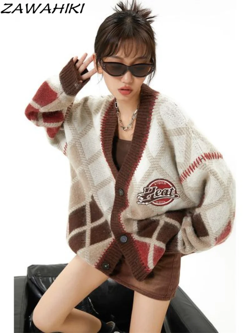 Vintage Brown Argyle Sweater Cardigan Women Autumn Winter Fleece V-Neck Preppy Cute Long Sleeve Knitted Sweater Coat
Vintage Brown Argyle Sweater Cardigan Women Autumn Winter Fleece V-Neck Preppy Cute Long Sleeve Knitted Sweater Coat