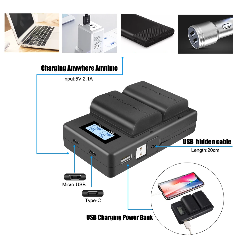 

LP E6 LPE6 E6N LP-E6 Battery Charger LCD Dual Charger For Canon EOS 6D 7D 5D Mark II III IV 60D 60Da 70D 80D 5DS R XC10 XC15