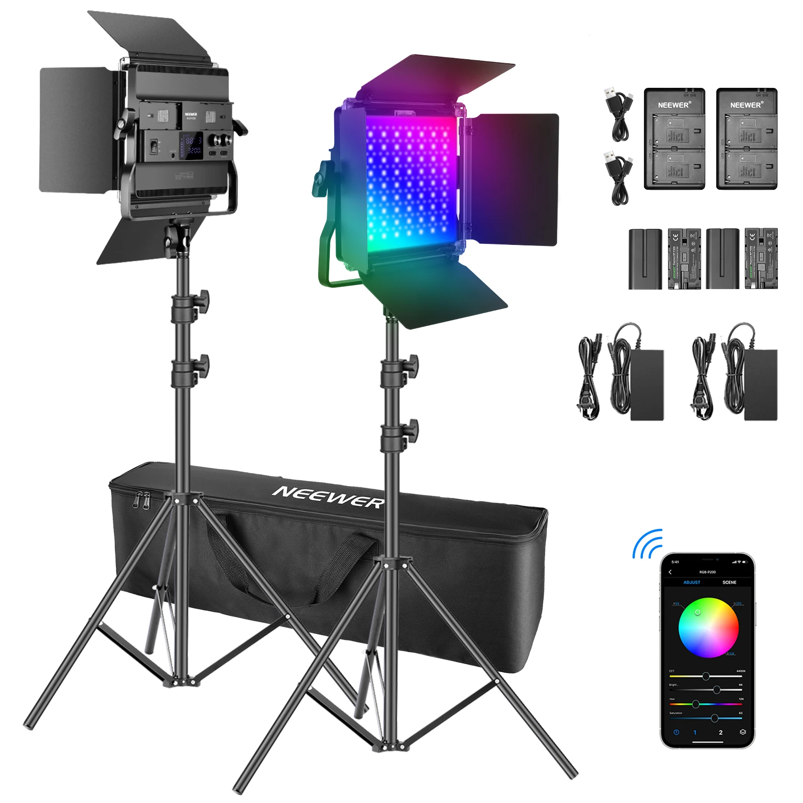 Neewer 2 Packs P200 RGB LED Video Light Battery Kit and APP Control-Light Preset with U-Bracket/Barndoor/LCD Display/for YouTube
Neewer 2 Packs P200 RGB LED Video Light Battery Kit and APP Control-Light Preset with U-Bracket/Barndoor/LCD Display/for YouTube