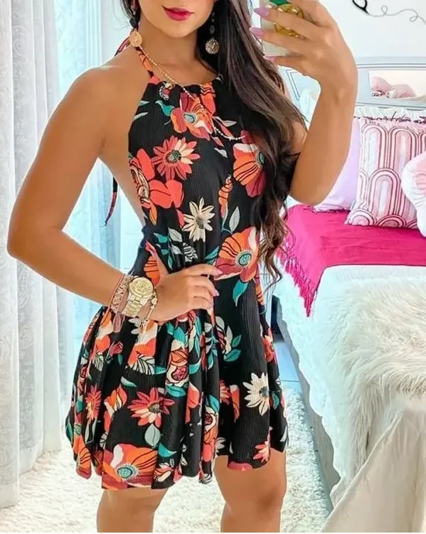 Summer 2022 Women's Sexy Dresses, Trendy Halter Neck Tie Detail Floral Print Sleeveless Mini Dress
Summer 2022 Women's Sexy Dresses, Trendy Halter Neck Tie Detail Floral Print Sleeveless Mini Dress