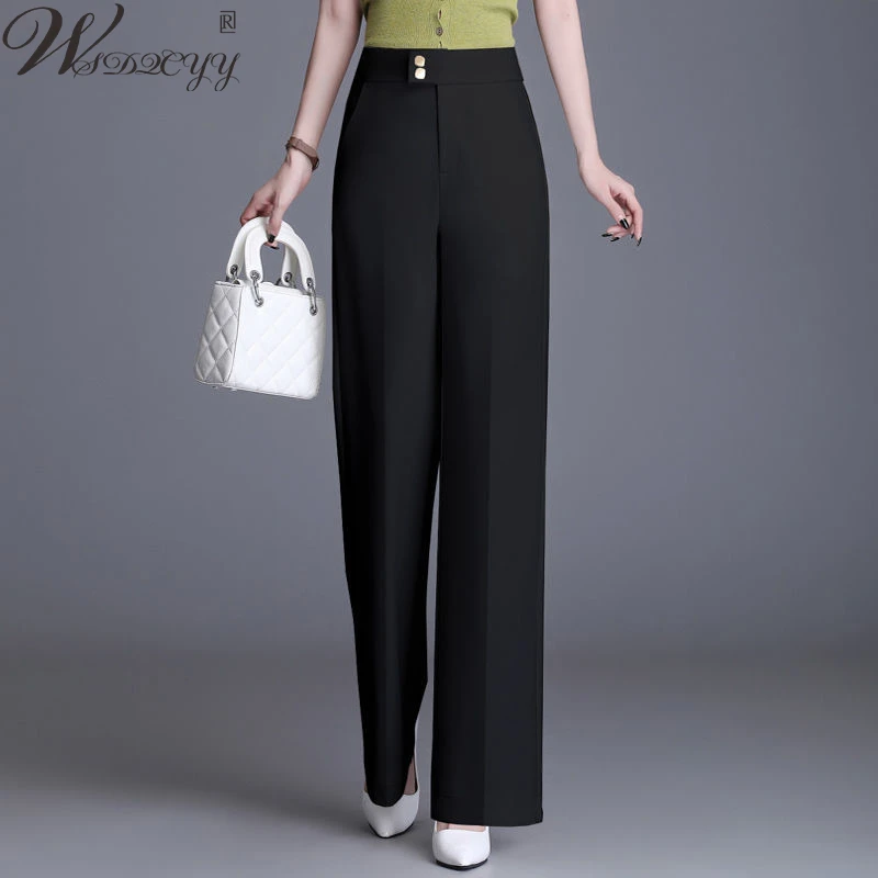 Women High Waist Wide Leg Full Length Pants Spring Summer Stretch Ice Silk Straight Trousers Lady Fashion Office Wear Suit Pants 
Women High Waist Wide Leg Full Length Pants Spring Summer Stretch Ice Silk Straight Trousers Lady Fashion Office Wear Suit Pants