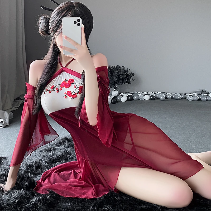 Women Sexy Lingerie Sleepwear Halter Embroidery Mesh Kimono Underwear Nightgowns Chinese Dress Blossom Satin Chemise
Women Sexy Lingerie Sleepwear Halter Embroidery Mesh Kimono Underwear Nightgowns Chinese Dress Blossom Satin Chemise