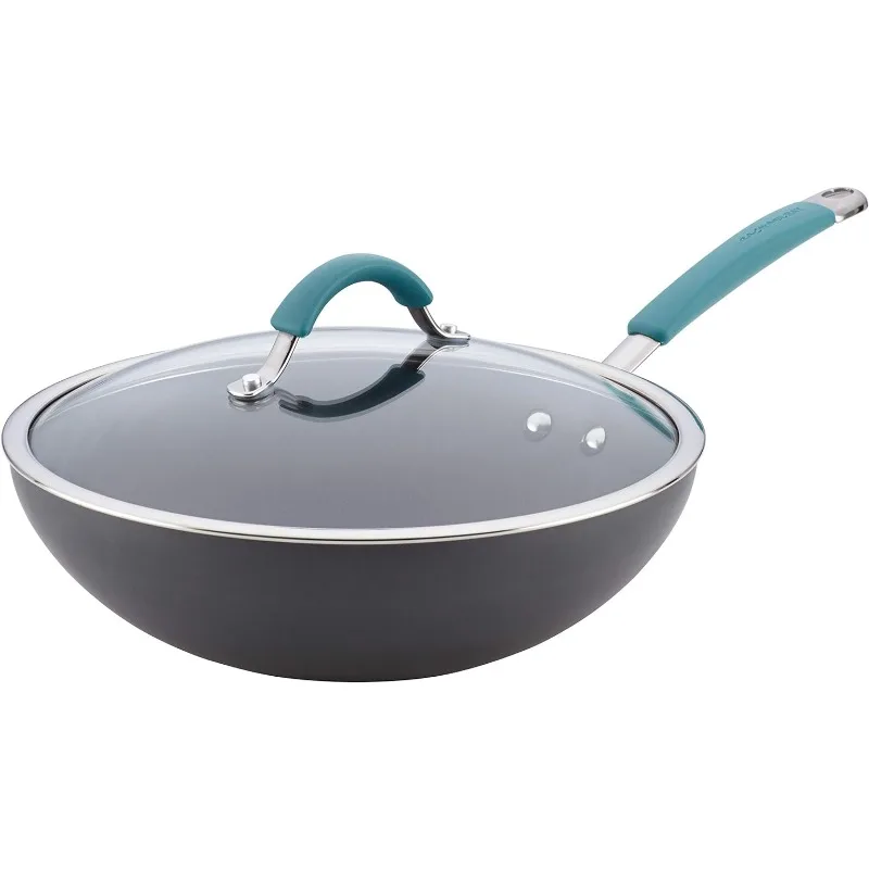 

Cucina Hard Anodized Nonstick Stir Fry Wok Pan with Lid, 11-Inch Covered, Gray with Blue Handles
