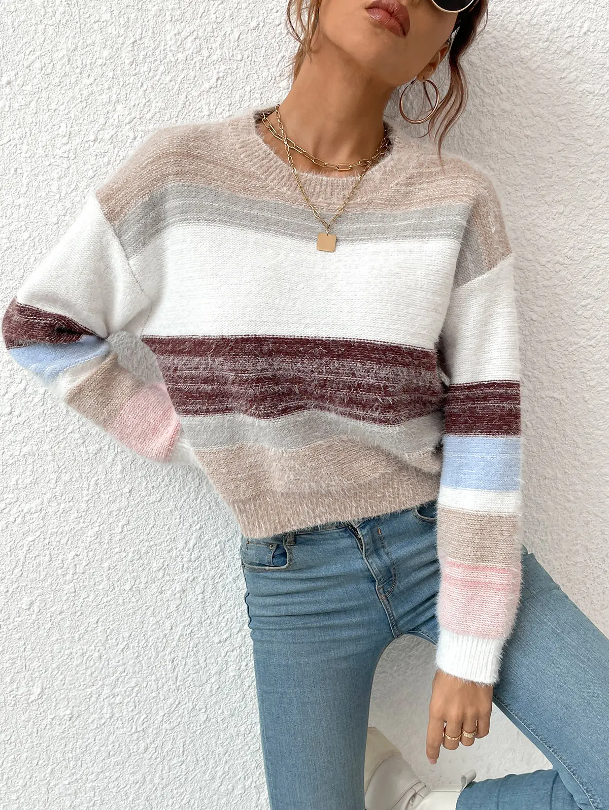 

ZAFUL Crew Neck Drop Shoulder Colorblock Sweater Spring Fall Winter Striped Knit Jumper Female Casual Top Long Sleeve Pullover