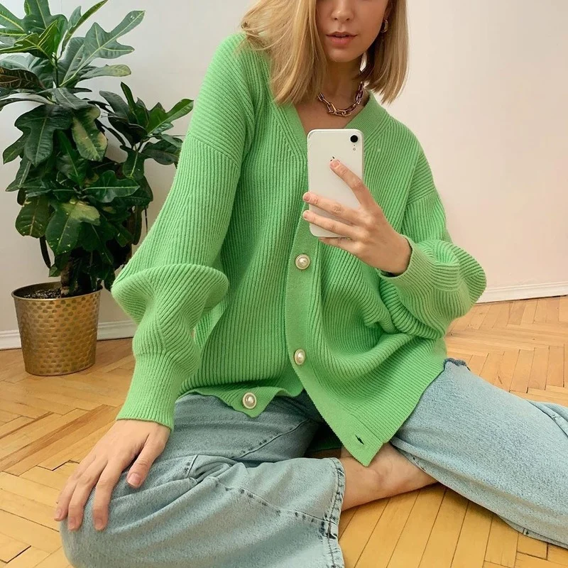 V-neck Lantern Sleeve Cardigan Women Oversized Knitted Sweater 2021 Simple Autumn Winter Female Cardigan Jumpers Korean Fashion
V-neck Lantern Sleeve Cardigan Women Oversized Knitted Sweater 2021 Simple Autumn Winter Female Cardigan Jumpers Korean Fashion