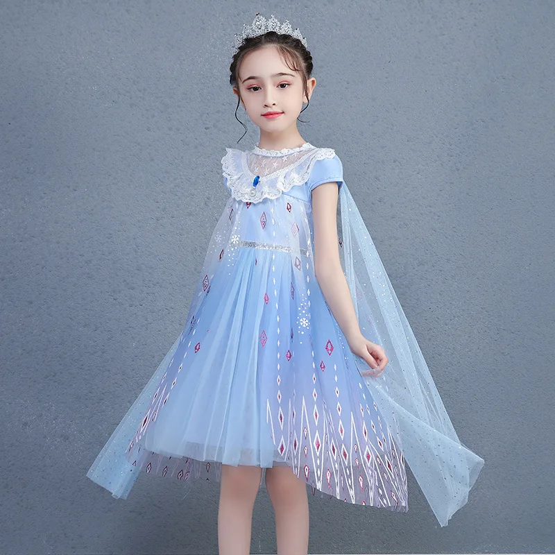 

Elsa Gradient Party Cosplay Costumes Frozen 2 Girls Elegant Puff-sleeve Gauze Skirt Princess Dress Sequins Lace Performace Dress