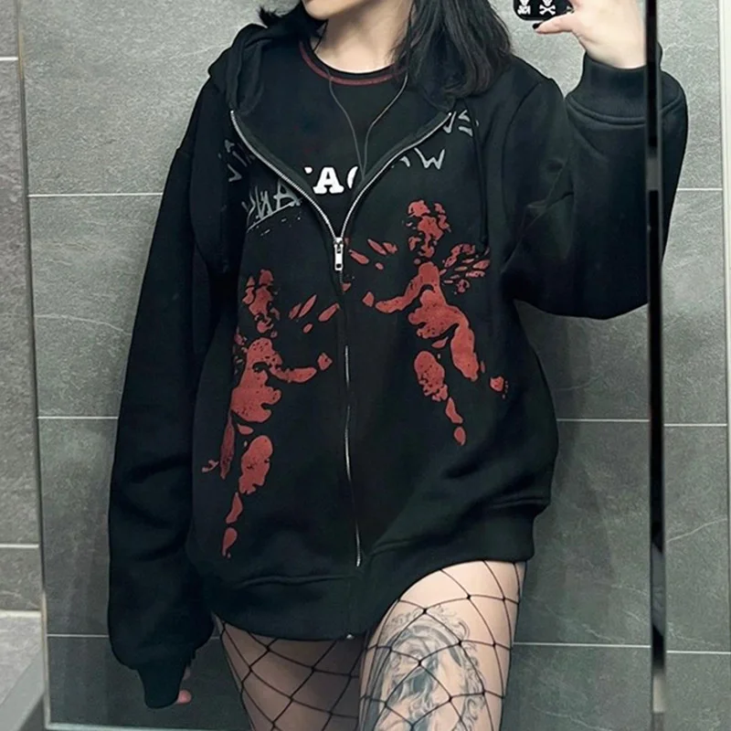 Goth Retro Women Hoodie New Fashion Long Sleeve Printing Patchwork Zipper Loose Gothic Style Ladies Hoodie For Autumn Winter
Goth Retro Women Hoodie New Fashion Long Sleeve Printing Patchwork Zipper Loose Gothic Style Ladies Hoodie For Autumn Winter