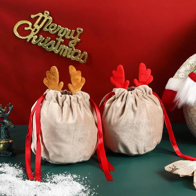 

10Pcs Christmas Reindeer Drawstring Gift Bag With Antlers Reusable Velvet Fabric Santa Sacks Christmas Party Gift Decoration