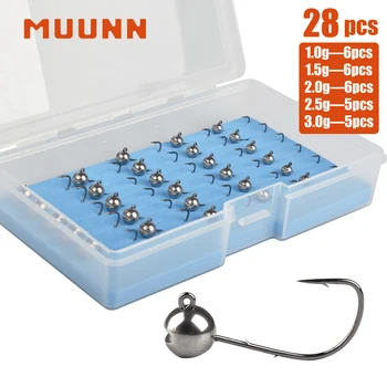 MUUNN 28/30PCS Tungsten Round Jig Head Set 1g/1.5g/2g/2.5g/3g Barbed Shaky Head Rig Rockfish Perch Lure MANTIS AJING Soft Lure