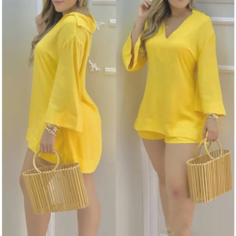 2023 solid color FLARE LONG Sleeve V neck blouse Shorts. 2 PIECE set Fashion Women. Run! Summary Yellow White Short sets
2023 solid color FLARE LONG Sleeve V neck blouse Shorts. 2 PIECE set Fashion Women. Run! Summary Yellow White Short sets