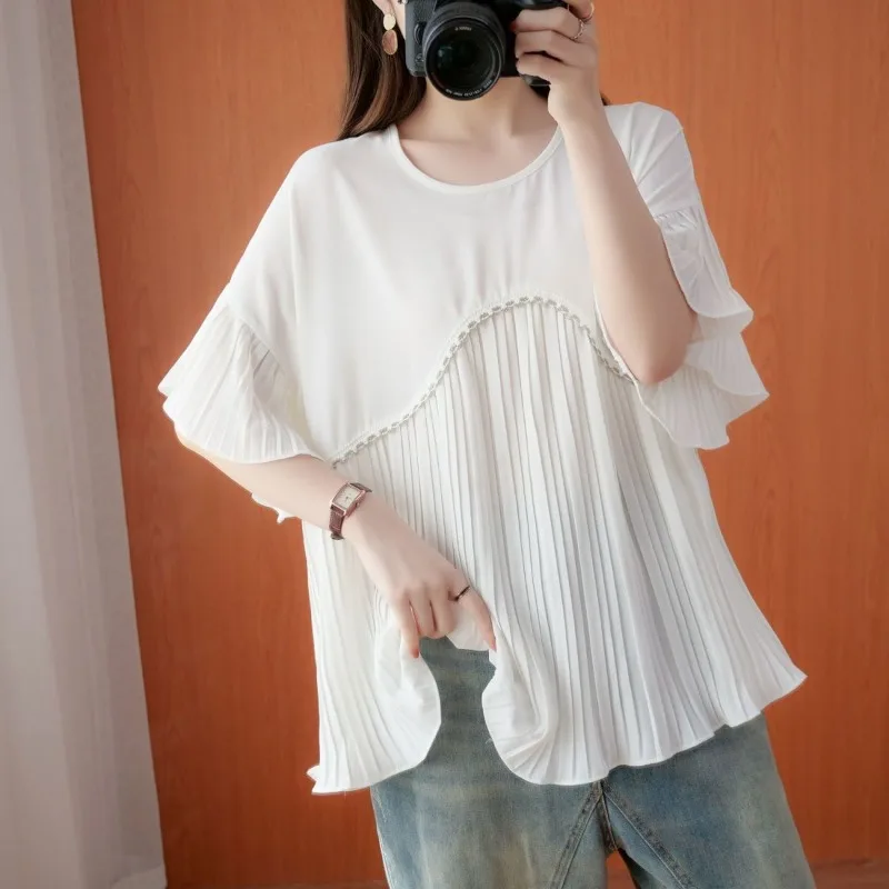 Women Shirts Ruffled Lace Patchwork Black White Oversized Blouses Summer Trendy O Neck Short Sleeve Shirts Simple Casual Blouses
Women Shirts Ruffled Lace Patchwork Black White Oversized Blouses Summer Trendy O Neck Short Sleeve Shirts Simple Casual Blouses