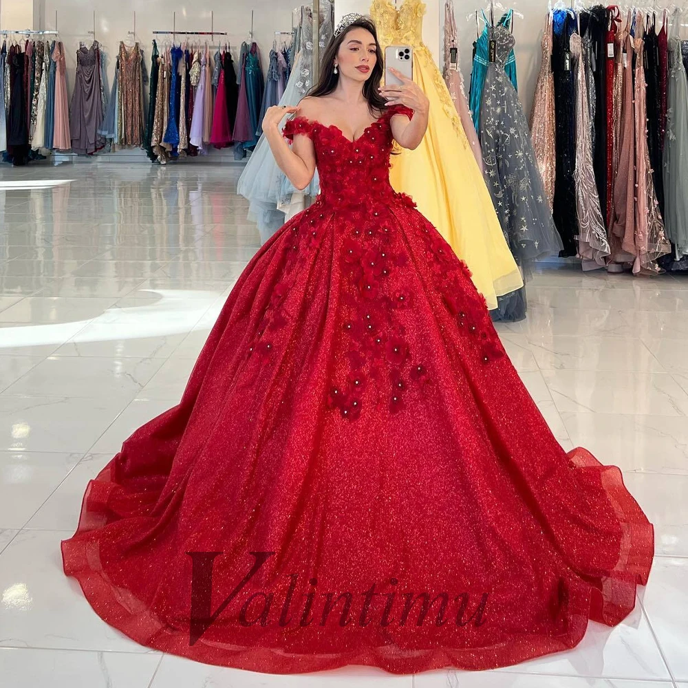 

Attractive Sparkly Tulle V-Neck Beading Crystals Red Ball Gowns Princess A-Line Pleat Prom Dress Made To Order Vestido De Fiesta