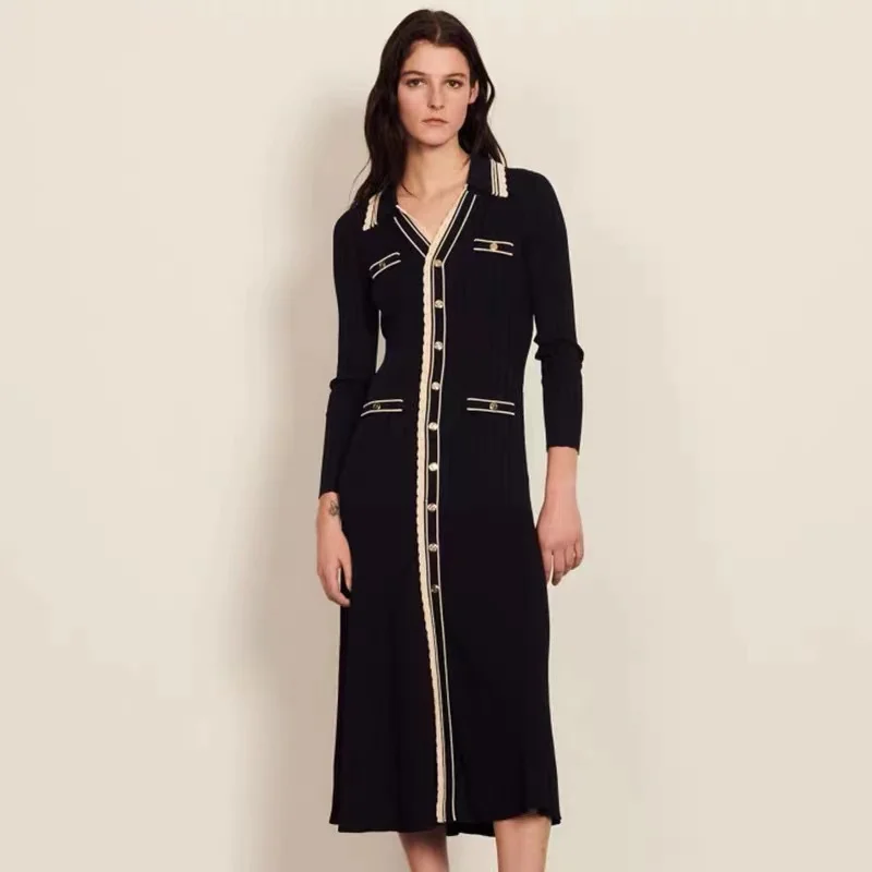 Runway France Fall Winter Knitted Striped Contrast Dress High Quality Women V Neck Single Breasted Slim Ladies A Line Long Dress
Runway France Fall Winter Knitted Striped Contrast Dress High Quality Women V Neck Single Breasted Slim Ladies A Line Long Dress