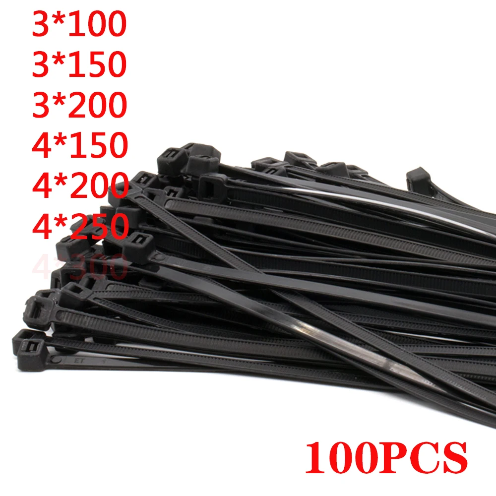 

3x150/200/4*250 Self-Locking Plastic Nylon Wire Cable Zip Ties 100pcs Black Cable Ties Fasten Loop Cable Various Specifications