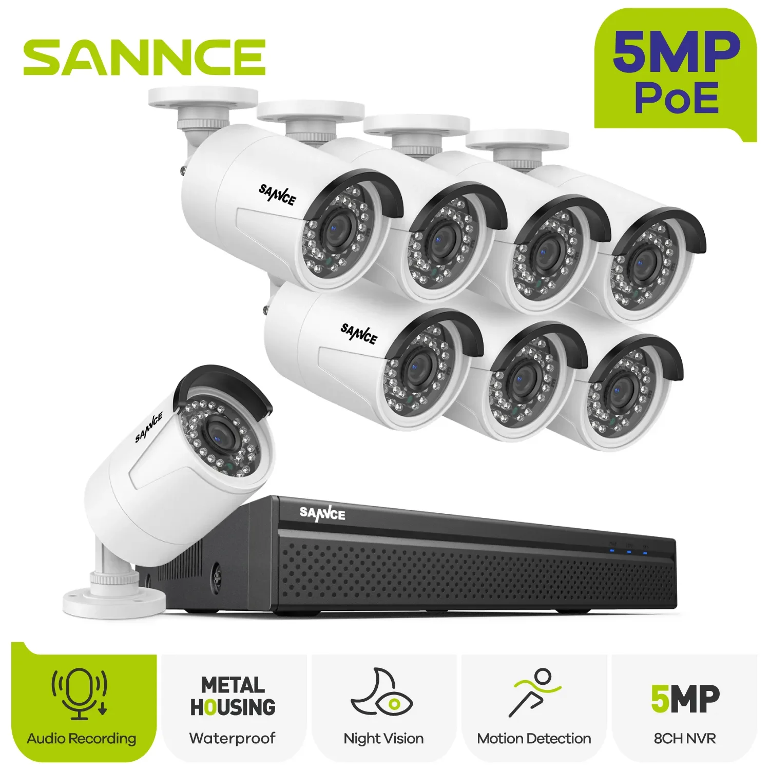 

NEW2023 SANNCE 5MP POE Video Surveillance Cameras System 8CH H.264+ 5MP NVR Recorder 5MP Security Cameras Audio Recording POE IP