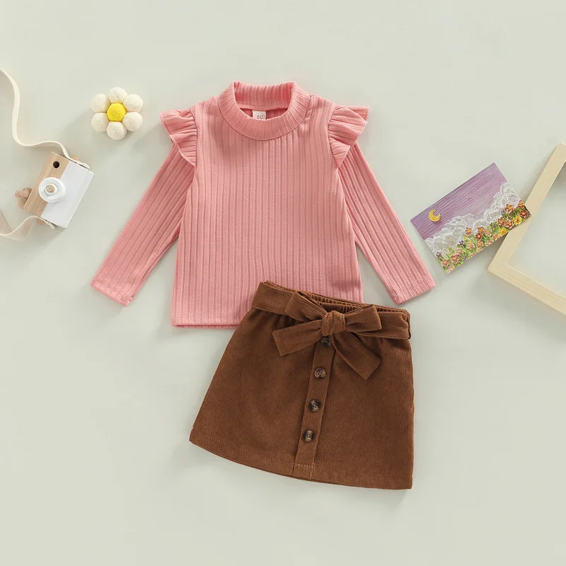 3 Colors Baby Girls Casual Outfits Fall Spring Solid Fly Sleeve High Neck Ribbed Tops + Belted Corduroy Skirt Set Kids 1-5 Years
3 Colors Baby Girls Casual Outfits Fall Spring Solid Fly Sleeve High Neck Ribbed Tops + Belted Corduroy Skirt Set Kids 1-5 Years