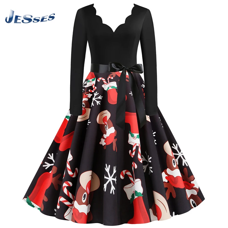2021 Christmas Dress Ladies Winter Long Sleeve V-neck Elegant Retro Santa Print Christmas Party Costume Black Big Swing Increase
2021 Christmas Dress Ladies Winter Long Sleeve V-neck Elegant Retro Santa Print Christmas Party Costume Black Big Swing Increase