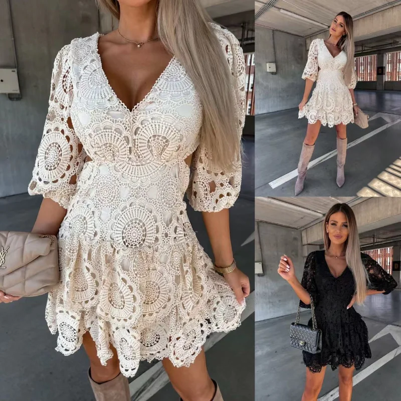 New European and American independent station women's V-neck lace lace waist thin dress
New European and American independent station women's V-neck lace lace waist thin dress