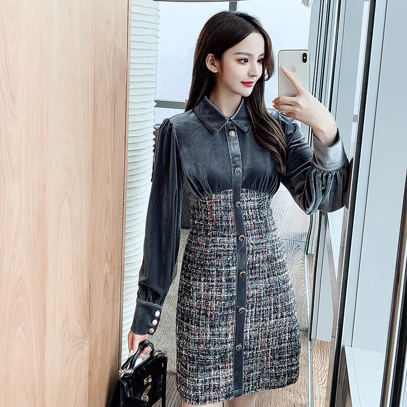 Autumn Winter New Vintage Dress Small Fragrance Velvet Long Sleeve Spliced Tweed Dress Slim Single Breasted Party Dress G079
Autumn Winter New Vintage Dress Small Fragrance Velvet Long Sleeve Spliced Tweed Dress Slim Single Breasted Party Dress G079