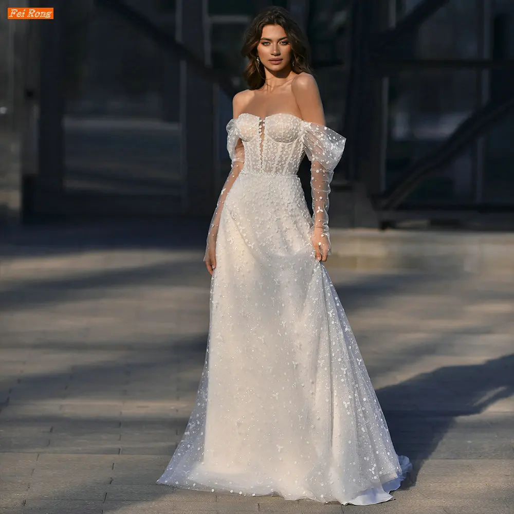 Fei Rong Long Sleeves Strapless Wedding Dress Vestidos De Novia Dot Tulle A Line Backless Sweep Train Bridal Gown Robe De Mariée
Fei Rong Long Sleeves Strapless Wedding Dress Vestidos De Novia Dot Tulle A Line Backless Sweep Train Bridal Gown Robe De Mariée