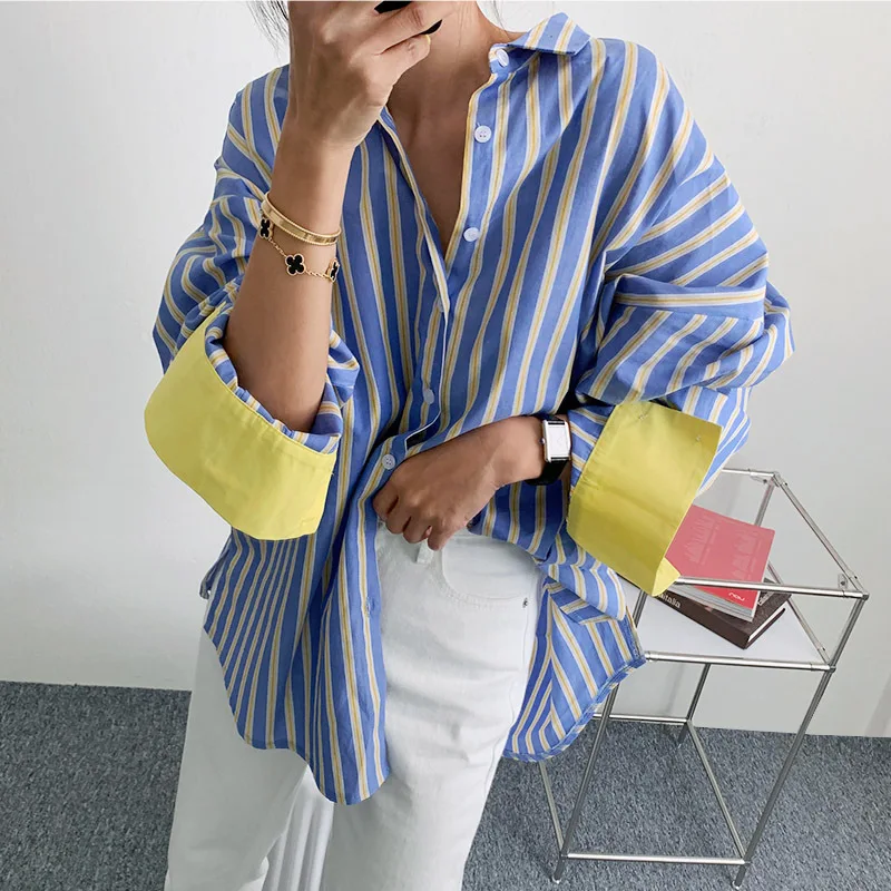 Women's Korean Shirt Spring Autumn Contrast Striped Shirt Version Loose Slim Mid-length Bottom Shirt Fashion Casual Loose Top
Women's Korean Shirt Spring Autumn Contrast Striped Shirt Version Loose Slim Mid-length Bottom Shirt Fashion Casual Loose Top