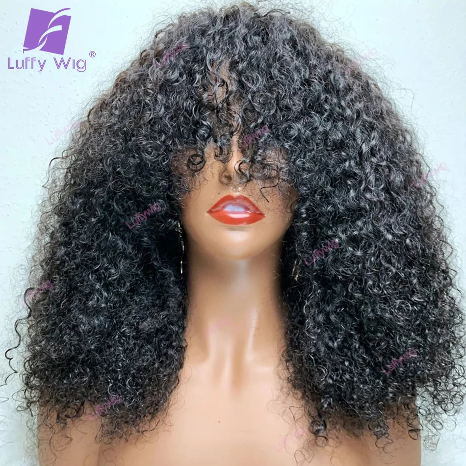 

Afro Curly Human Hair Wig With Bangs Brazilian Remy Short Cut Kinky Curly Bang Wig 200 Density Glueless For Black Women Luffy