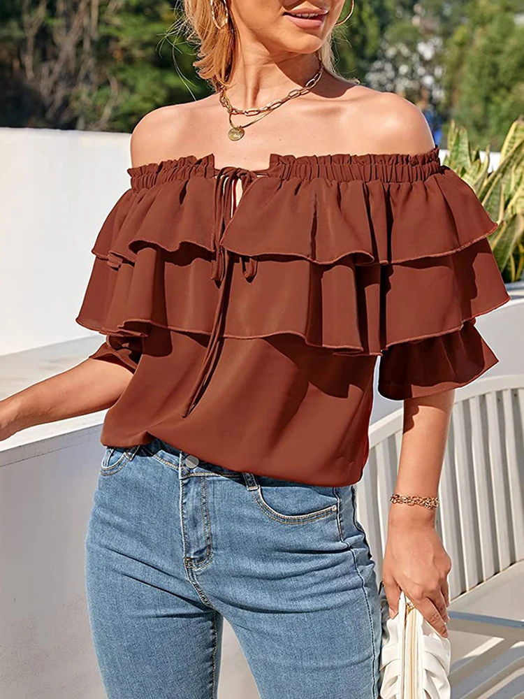 Elegant Women Summer Solid Blouse Femme Slash Neck Off Shoulder Ruffles Tops Streetwear Flare Sleeve Slim Pullovers Clothing New
Elegant Women Summer Solid Blouse Femme Slash Neck Off Shoulder Ruffles Tops Streetwear Flare Sleeve Slim Pullovers Clothing New