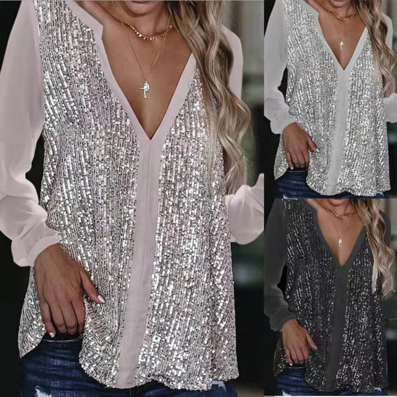 Ladies Party Blouse Summer Fall Long Sleeve V Neck Shirt Sequins Patchwork Glitter Tops Female Streetwear
Ladies Party Blouse Summer Fall Long Sleeve V Neck Shirt Sequins Patchwork Glitter Tops Female Streetwear