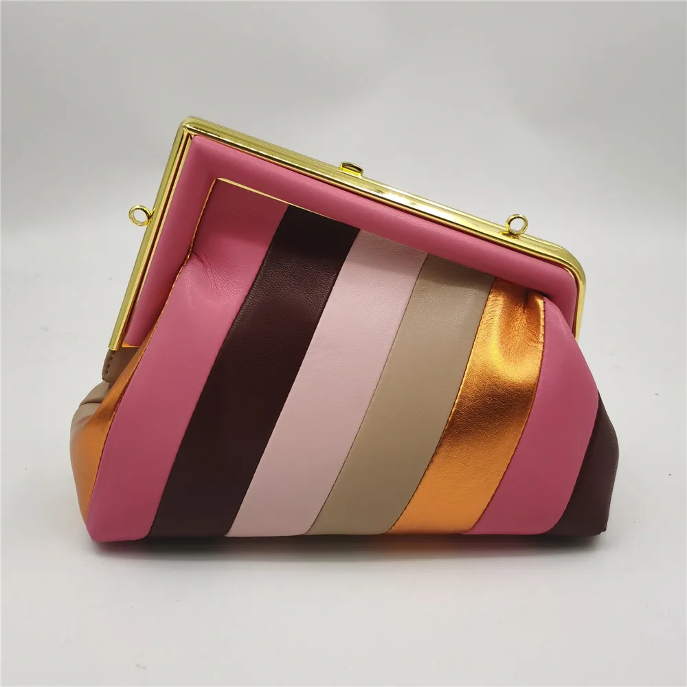 

High Quality Rainbow Clamp Cluth Woman Purse Jointing Colorful Cross Body Bag Patchwork Evening Bag Metallic Clip Bag